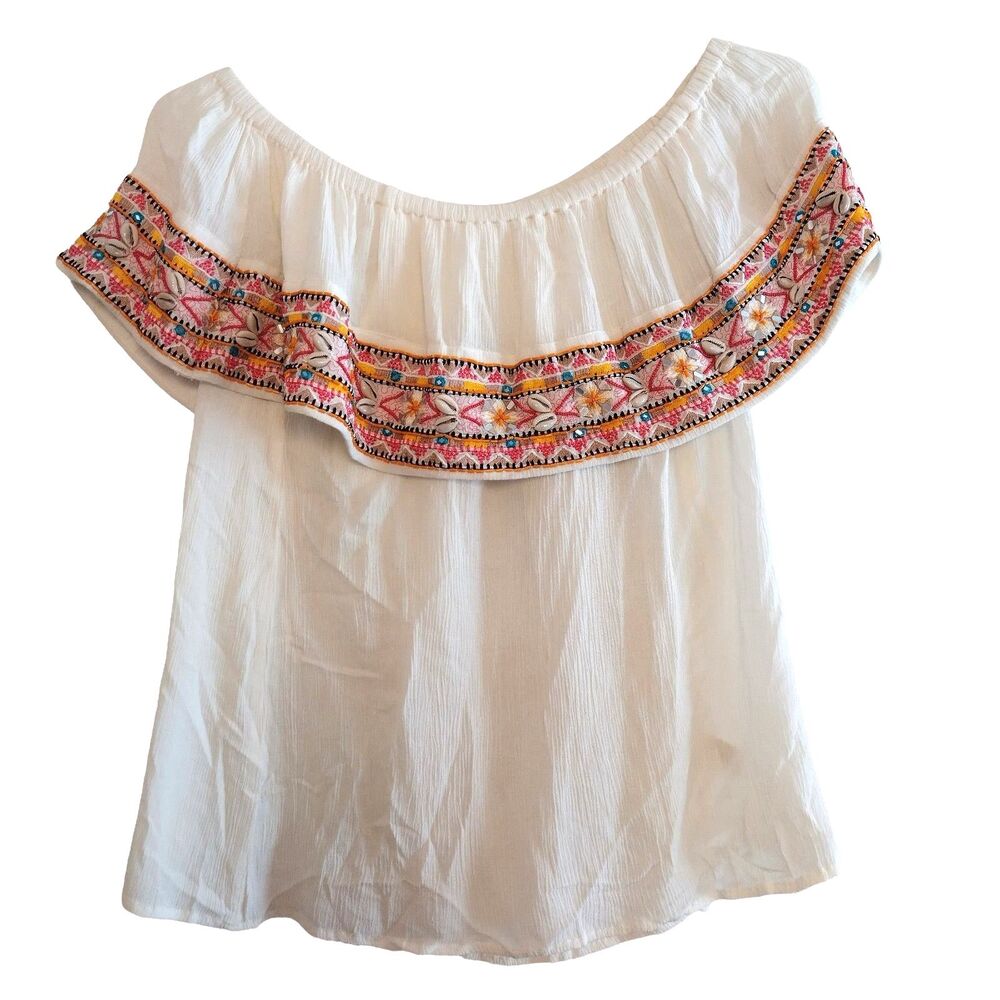 Boston Proper Spanish Boho Off Shoulder Top Off White Crepe S Flowy Artsy Cowrie